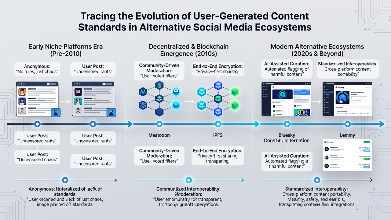 Diagram illustrating content standards across federated and alternative social platforms